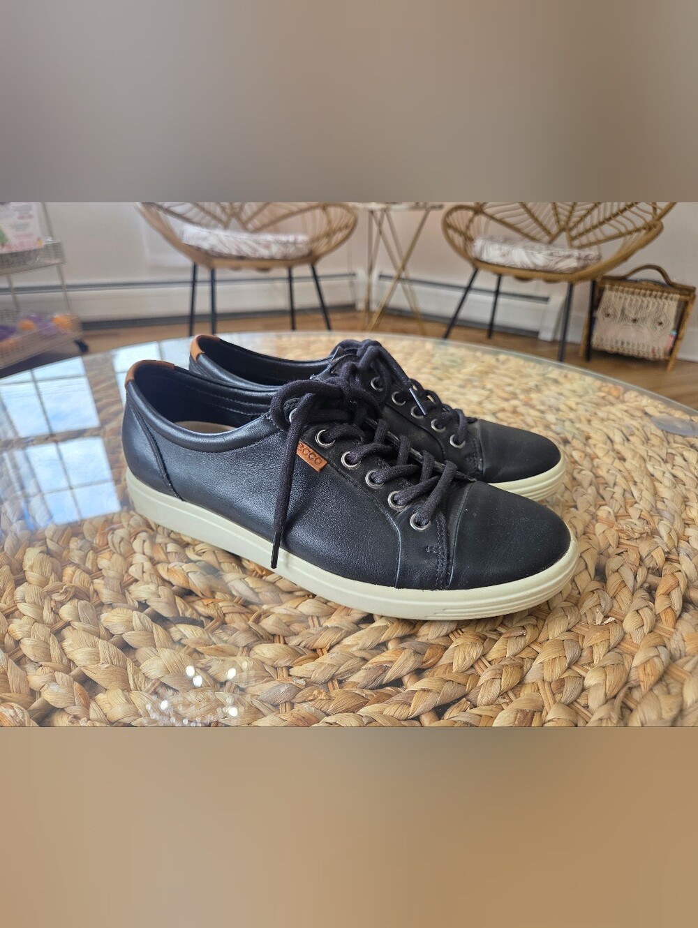 Ecco Black Leather Sneakers with Cream Sole